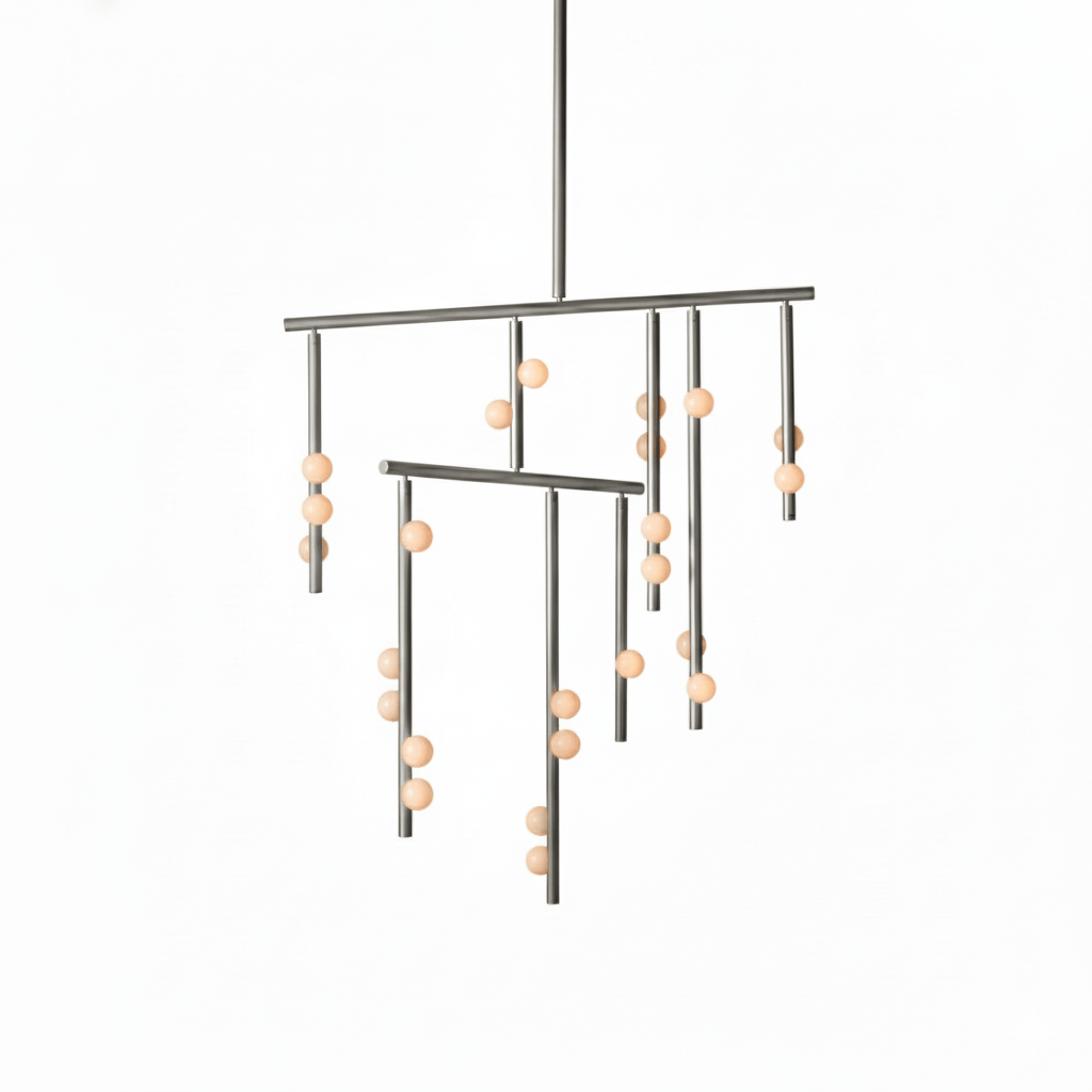 A Clérachic chandelier in a nickel-toned finish, on a white backdrop, with white orbs on each drop rod.