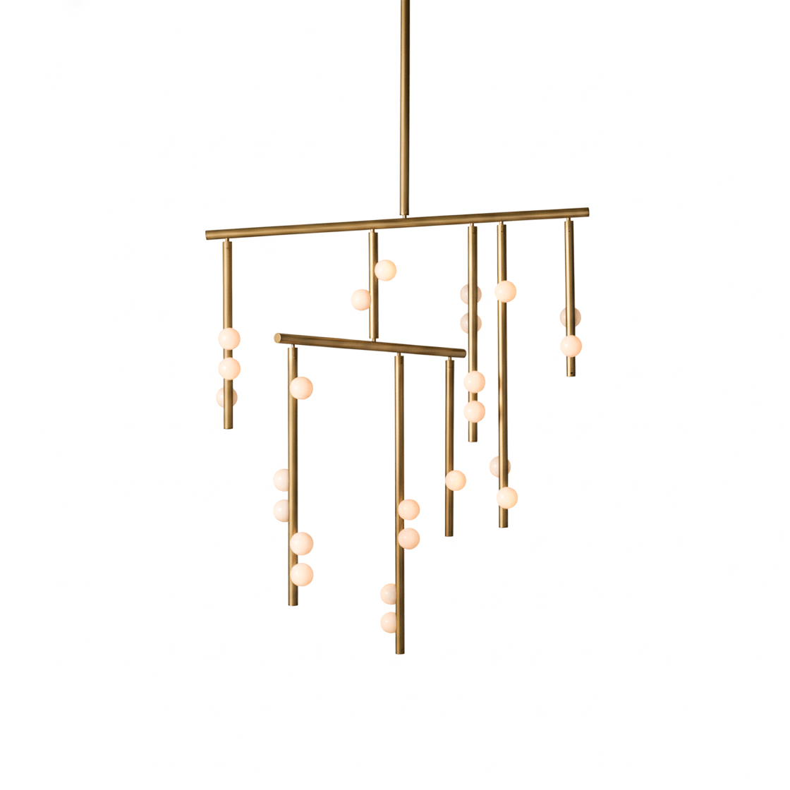 A brass Clérachic chandelier with two bars and orb-tipped drop rods, on a plain white backdrop.
