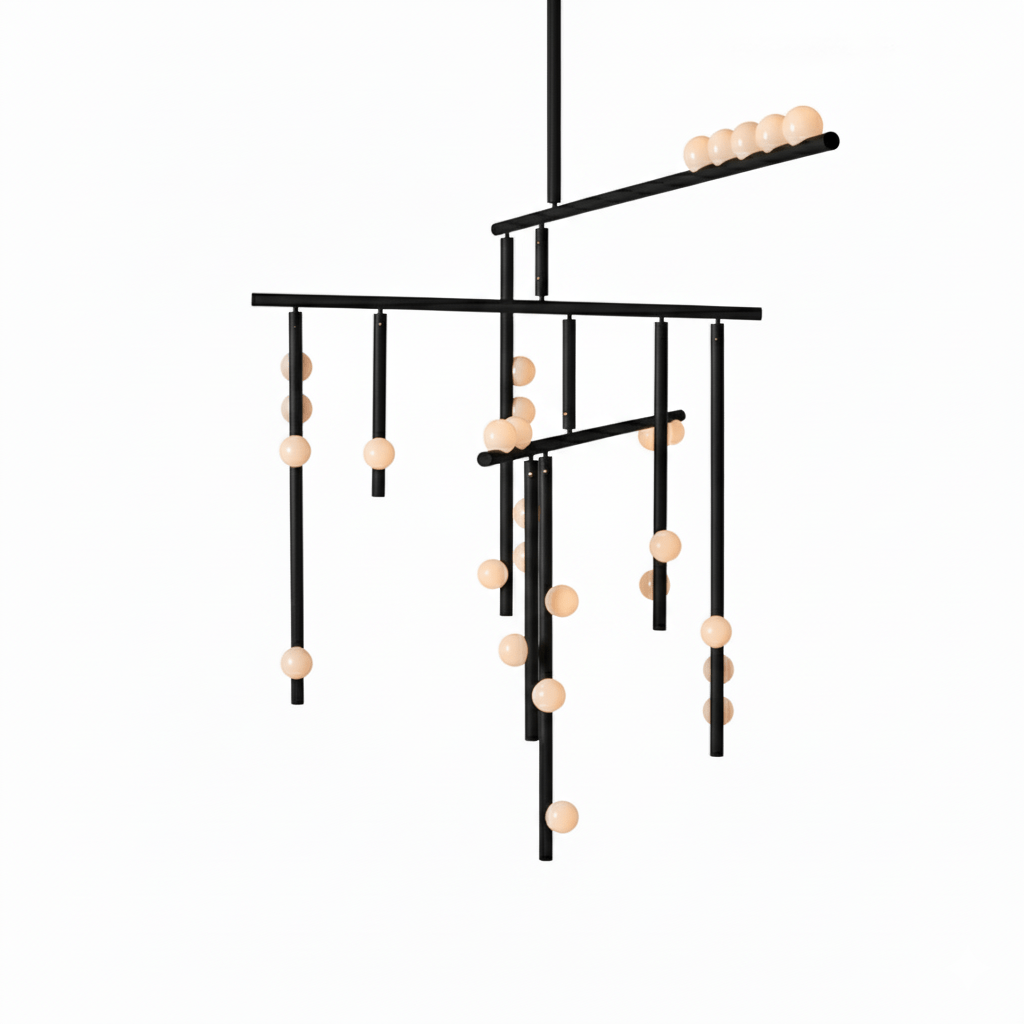 A black Clérachic chandelier with four bars and drop rods, on white, with white orbs along the rods.