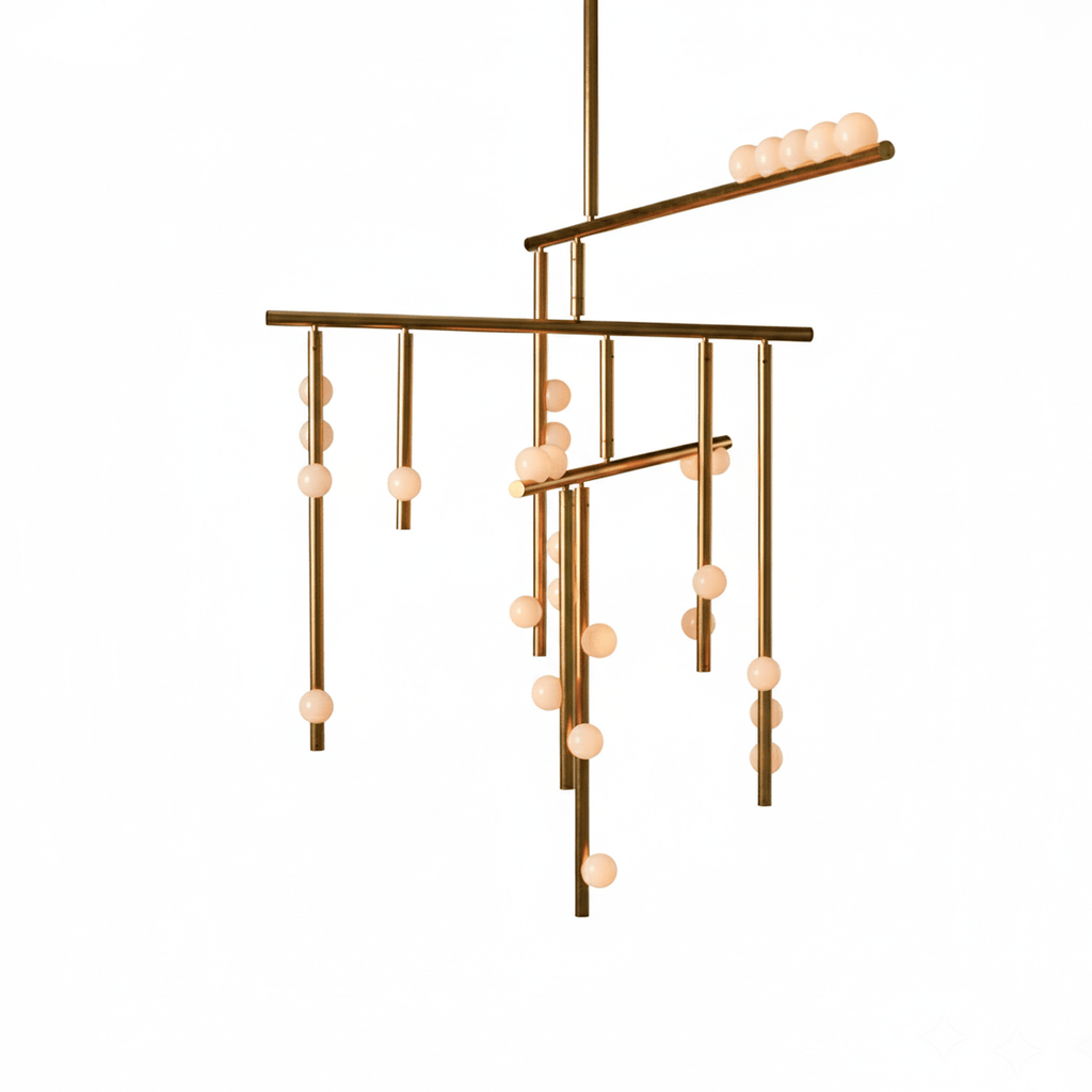 This Clérachic chandelier in an aged brass tone with four bars and white orbs on a white backdrop.