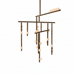 A Clérachic chandelier in a dark bronze tone with four bars and drop rods, on a white backdrop.