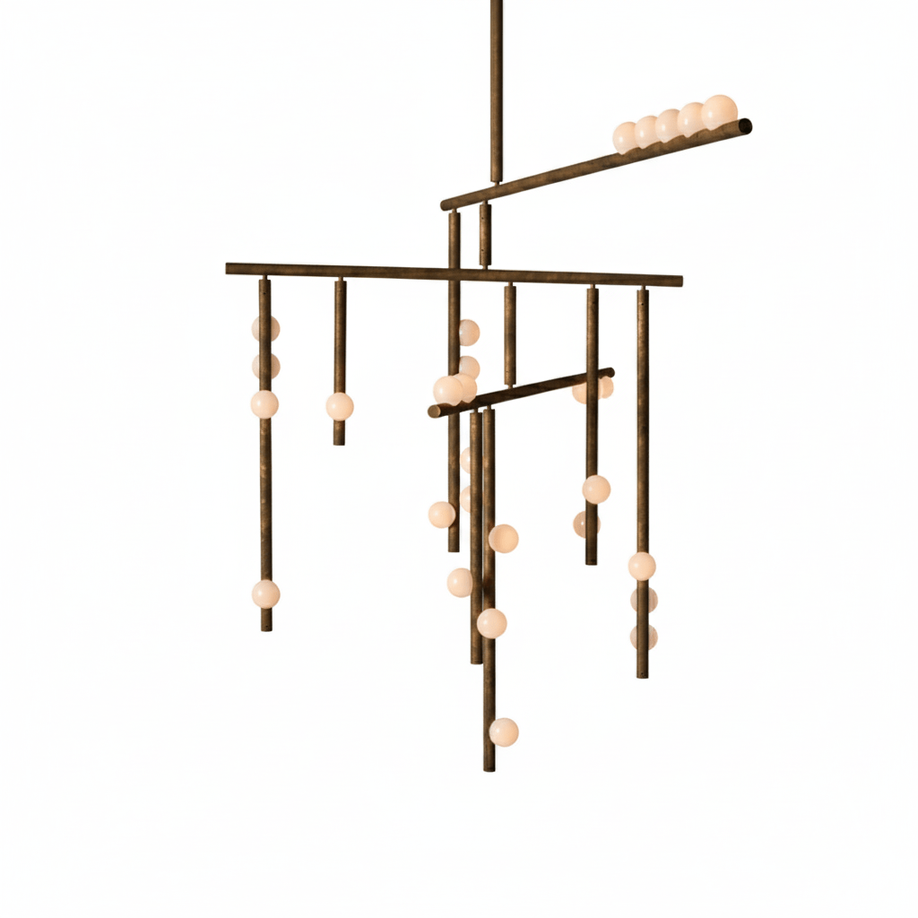 A Clérachic chandelier in a dark bronze tone with four bars and drop rods, on a white backdrop.