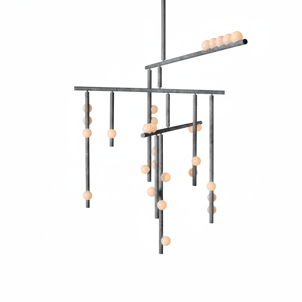 A Clérachic chandelier with four bars in a grey metal finish, on a white backdrop, with white orbs on the drop rods.
