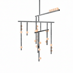 A Clérachic chandelier with four bars in a grey metal finish, on a white backdrop, with white orbs on the drop rods.