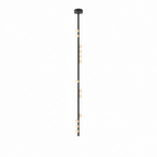 A long black Clérachic single-rod pendant with a small plate and orbs spaced along its length.