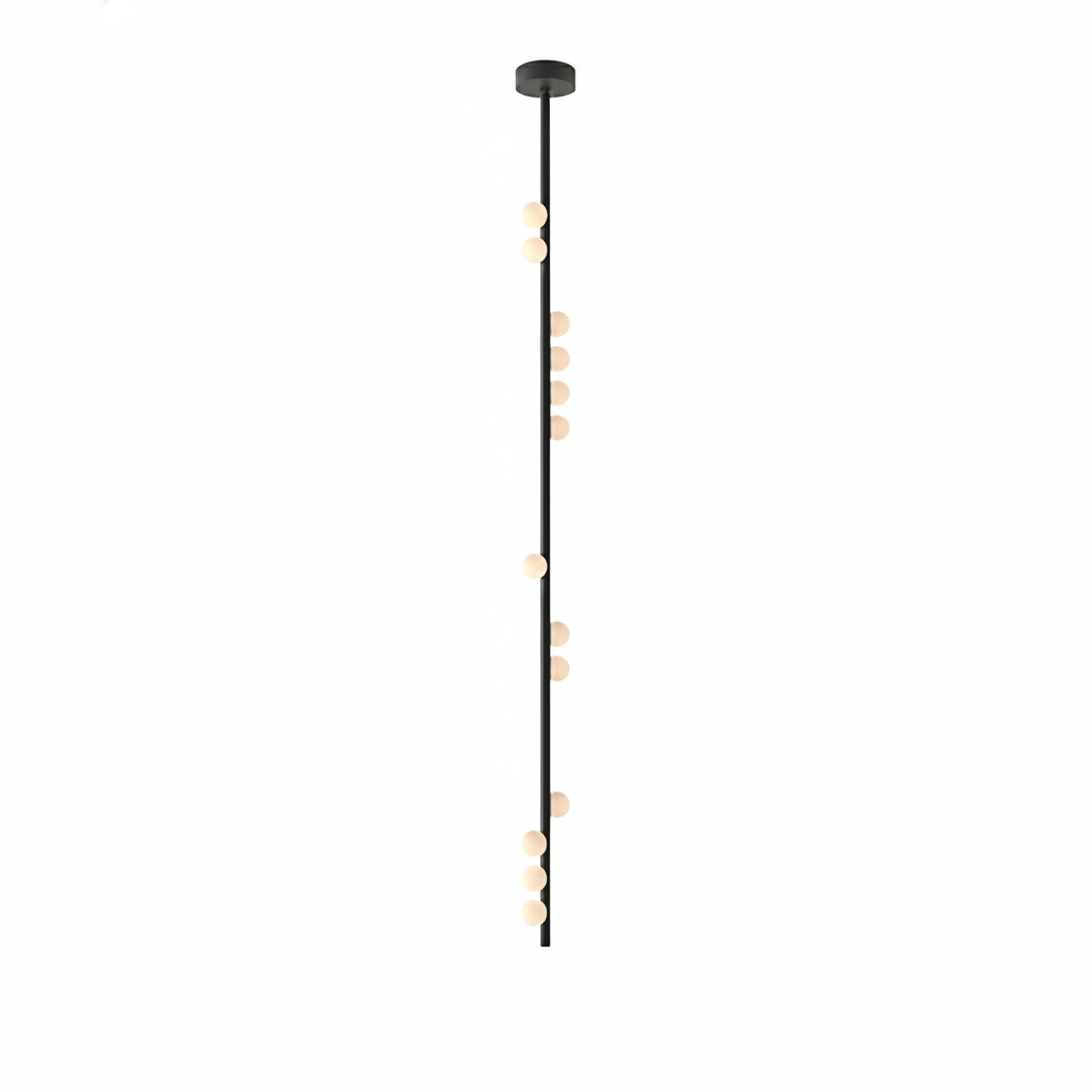 A long black Clérachic single-rod pendant with a small plate and orbs spaced along its length.