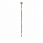 A long brass Clérachic single-rod pendant with a small plate and white orbs along its length.