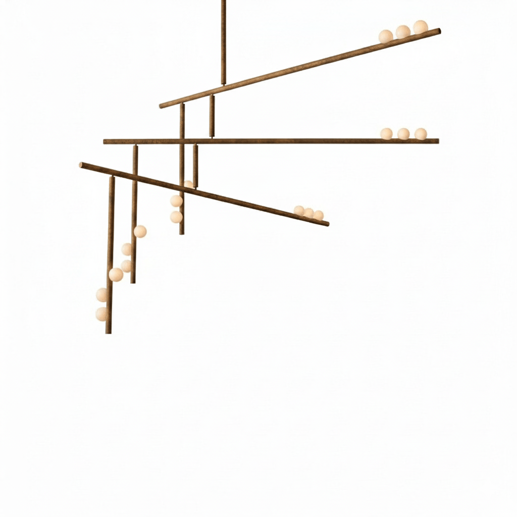 A Clérachic three-bar pendant in antique bronze, with angled bars and orbs at their ends, on white.