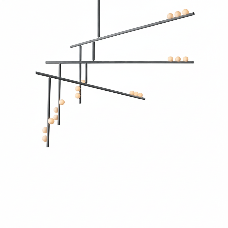 A Clérachic three-bar pendant in a grey metal finish, with angled bars and white orbs, on white.