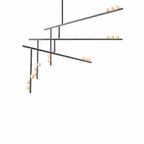 A Clérachic three-bar pendant in a grey metal finish, with angled bars and white orbs, on white.