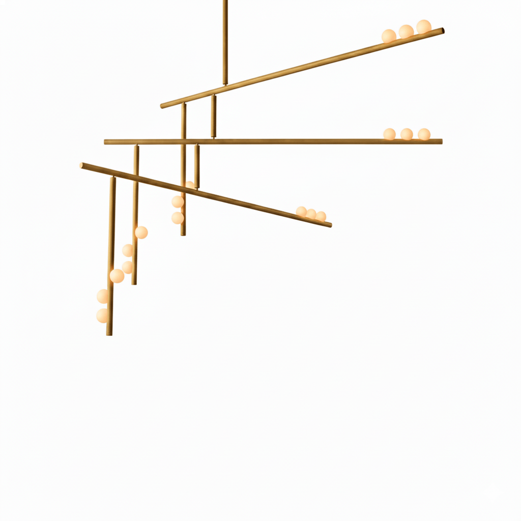 This Clérachic three-bar pendant in brass, with angled bars carrying white orbs, on a white backdrop.