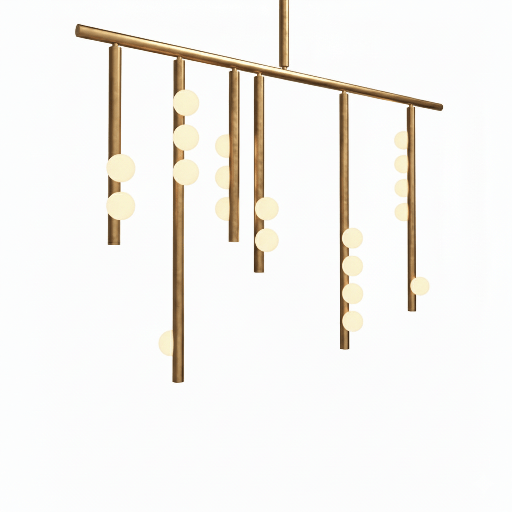 Close view of the antique bronze bar and drop rods on this Clérachic chandelier, with white orbs at the ends.