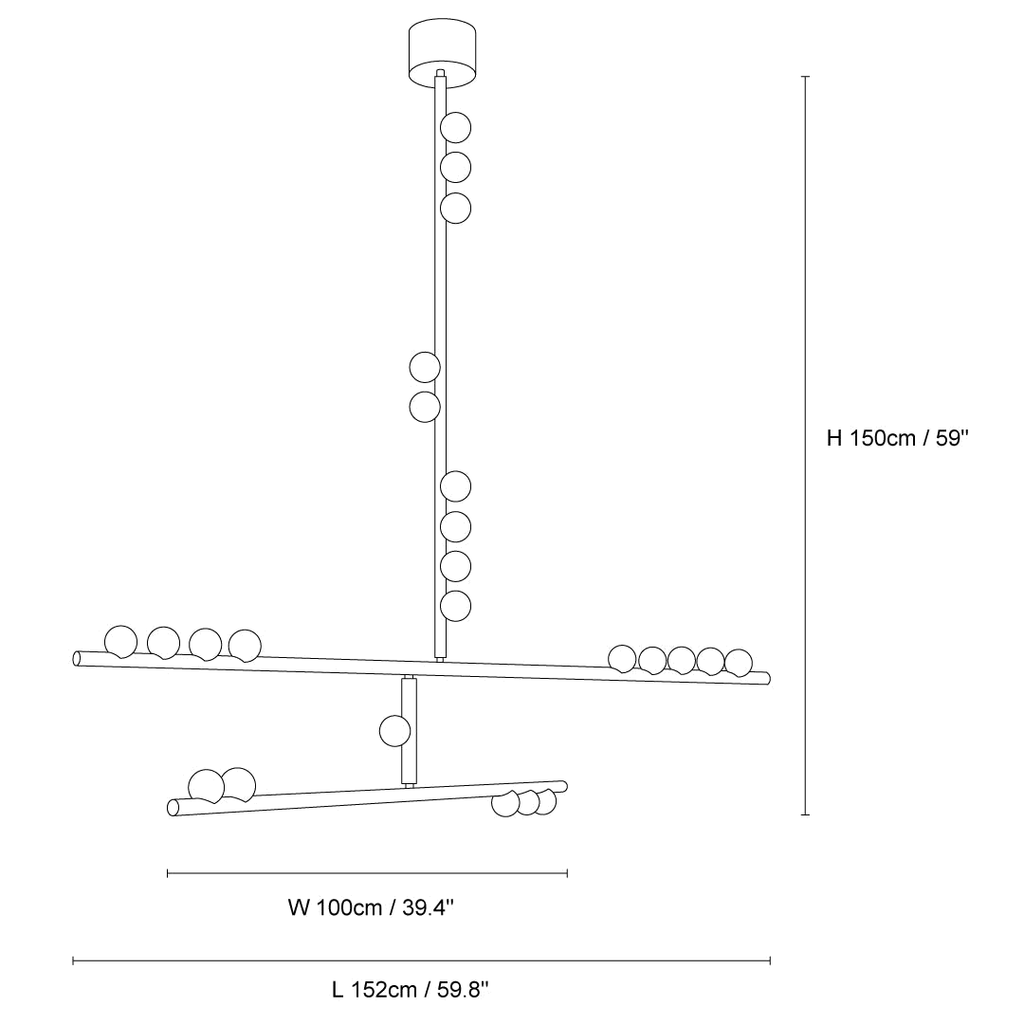 Clérachic pendant light dimension drawing, 1 of 6, every measurement marked in centimetres and inches.
