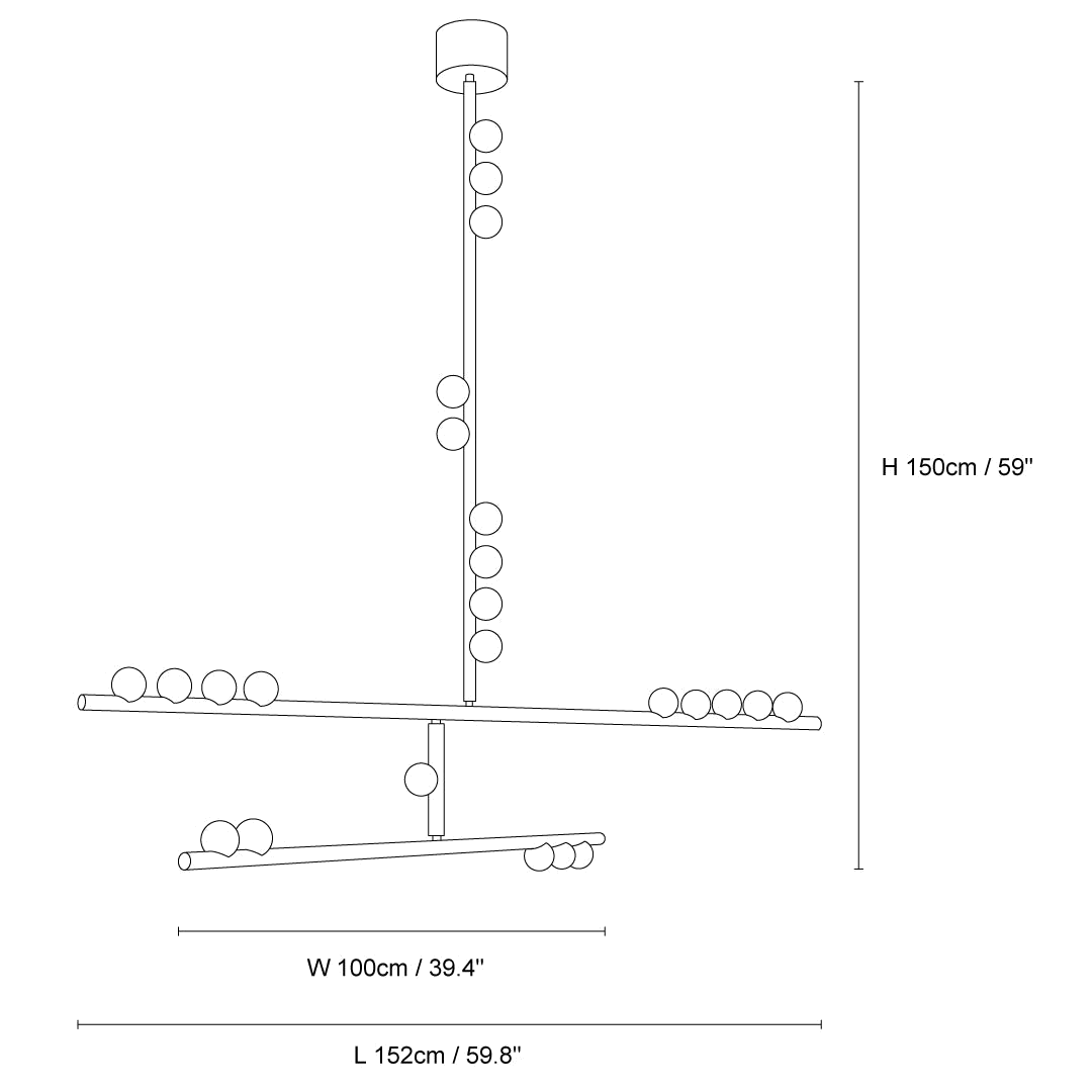Clérachic pendant light dimension drawing, 1 of 6, every measurement marked in centimetres and inches.