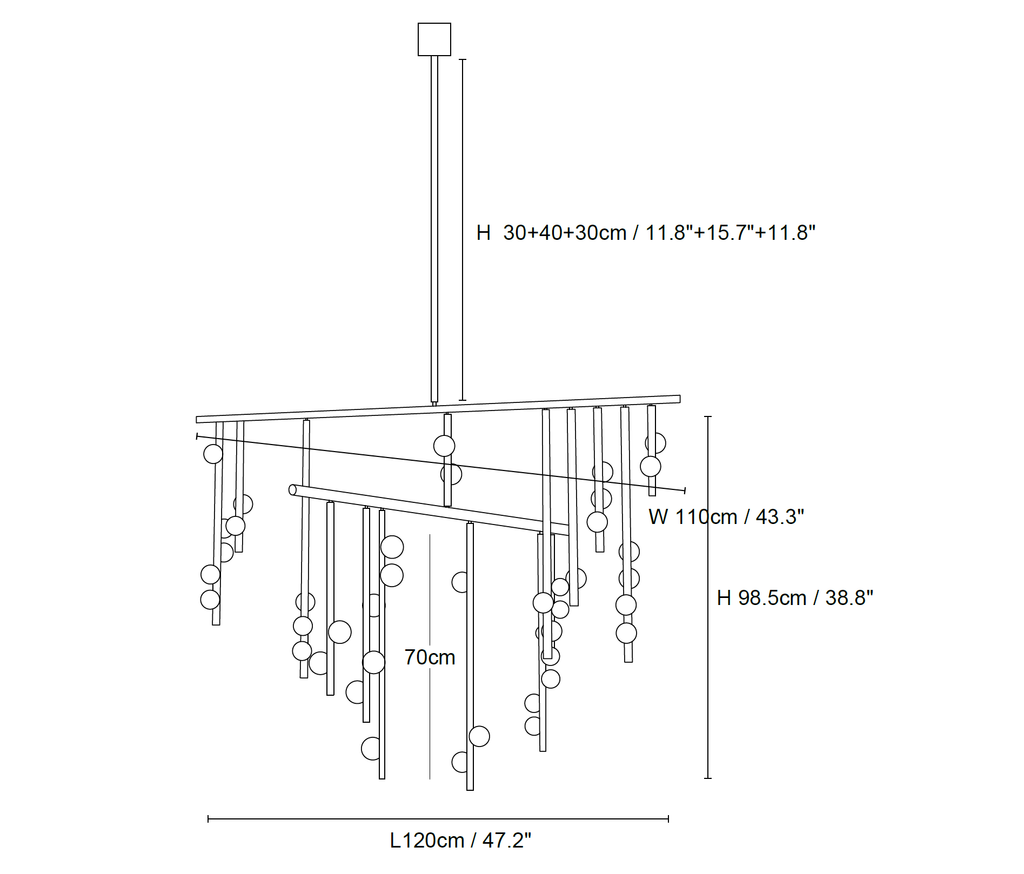 Clérachic pendant light dimension drawing, 2 of 6, every measurement marked in centimetres and inches.
