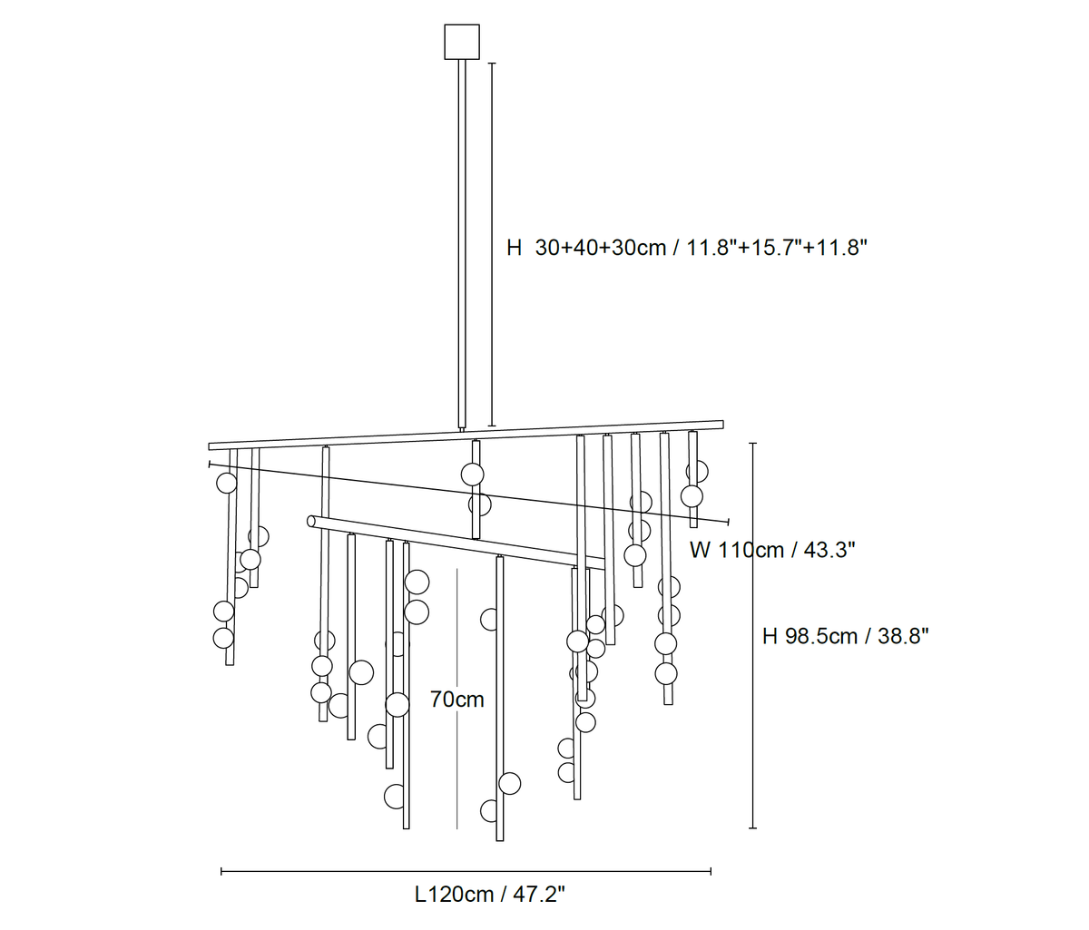 Clérachic pendant light dimension drawing, 2 of 6, every measurement marked in centimetres and inches.