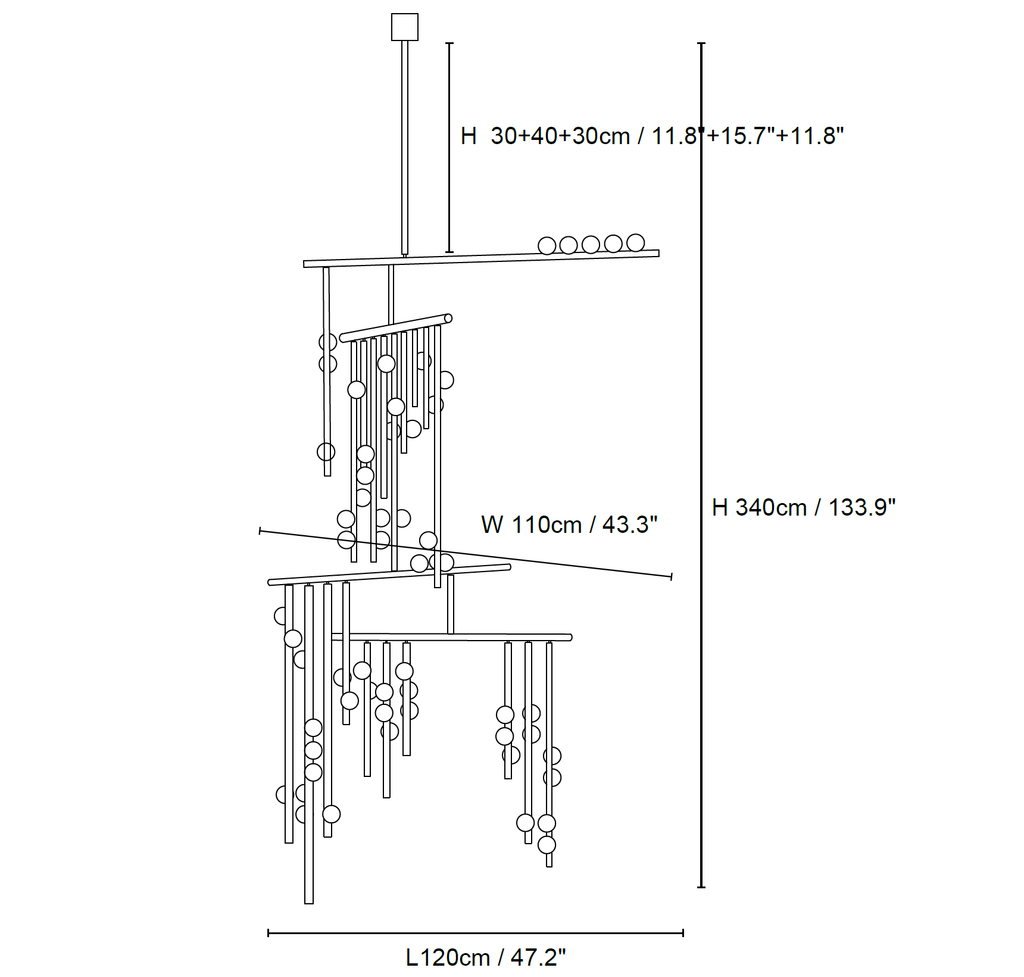 Clérachic pendant light dimension drawing, 3 of 6, every measurement marked in centimetres and inches.
