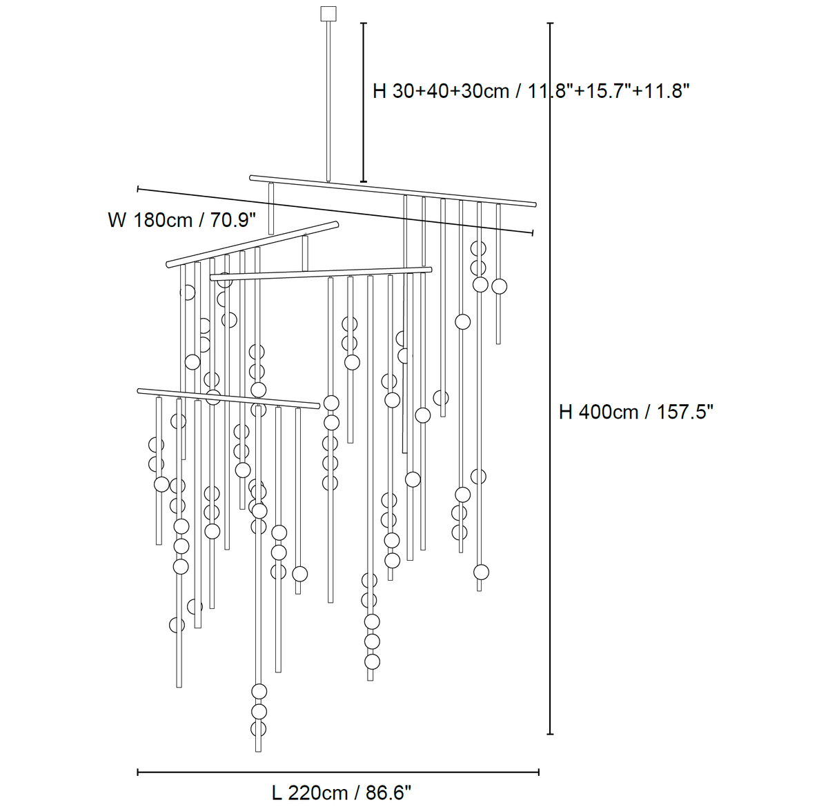 Clérachic pendant light dimension drawing, 4 of 6, every measurement marked in centimetres and inches.