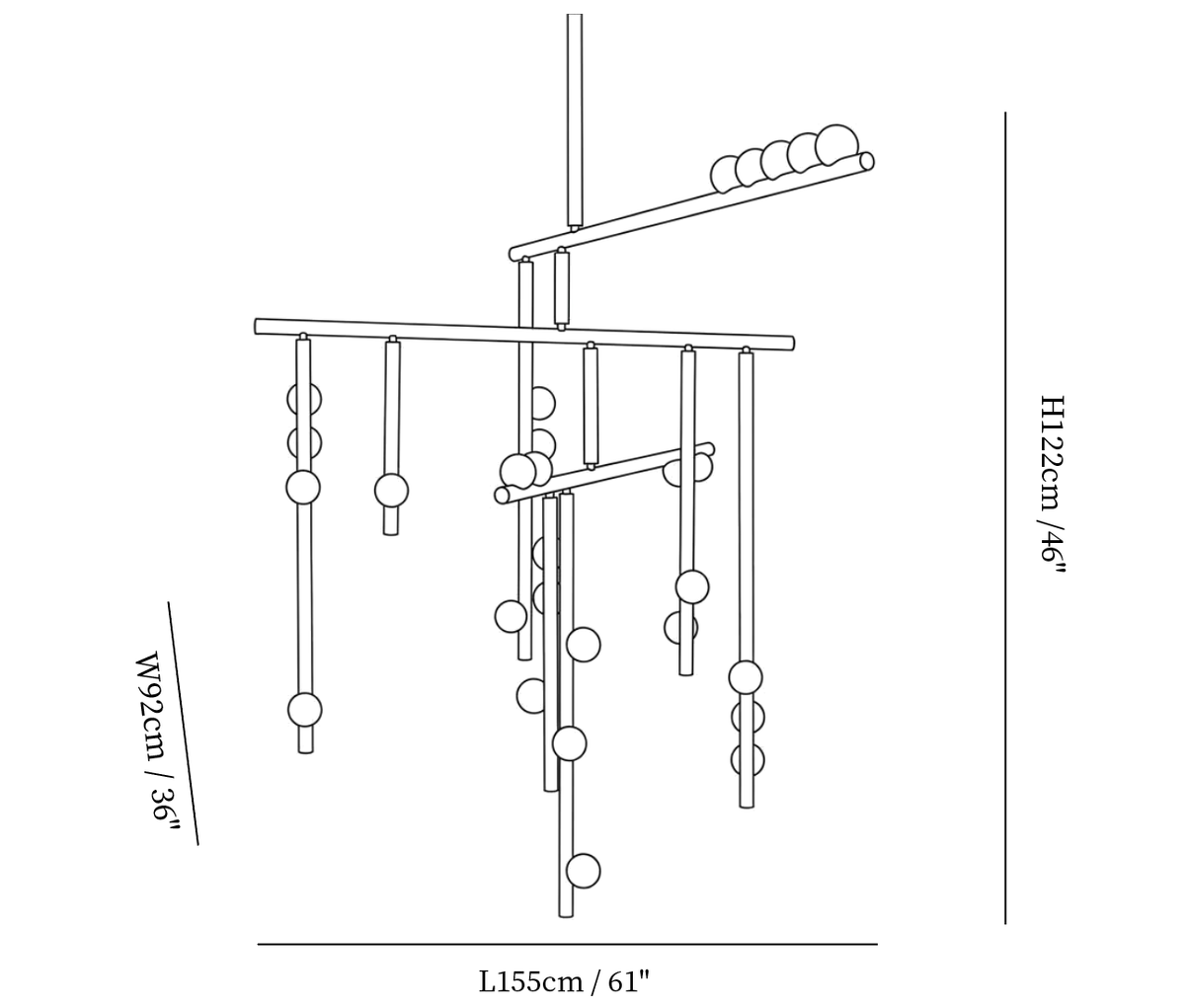 Clérachic pendant light dimension drawing, 5 of 6, every measurement marked in centimetres and inches.