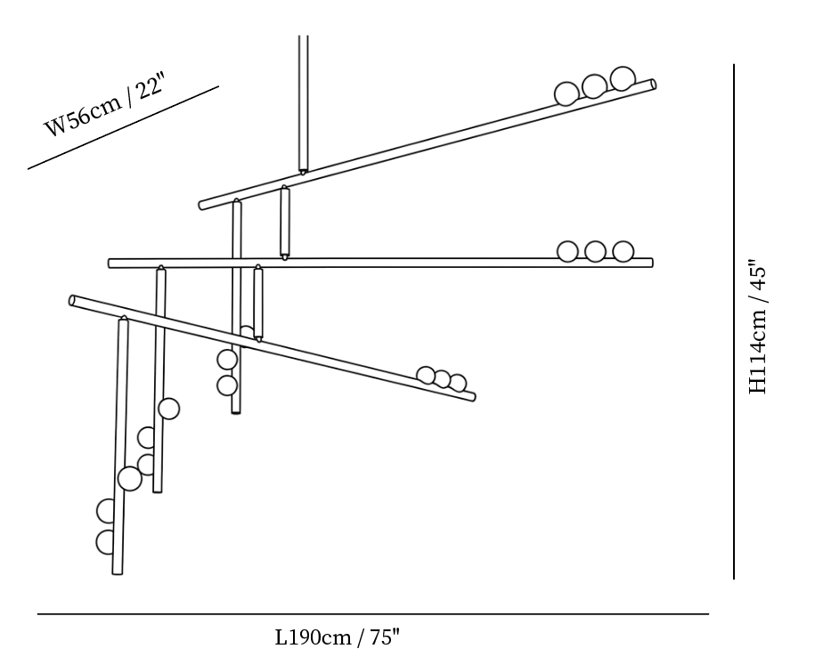 Clérachic pendant light dimension drawing, 6 of 6, every measurement marked in centimetres and inches.