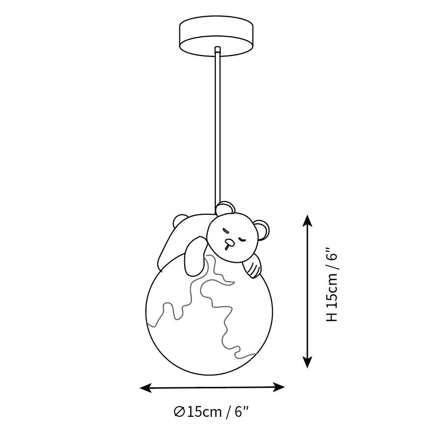 Clérachic pendant light dimension drawing, 1 of 2, every measurement marked in centimetres and inches.