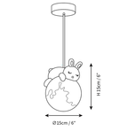 Clérachic pendant light dimension drawing, 2 of 2, every measurement marked in centimetres and inches.