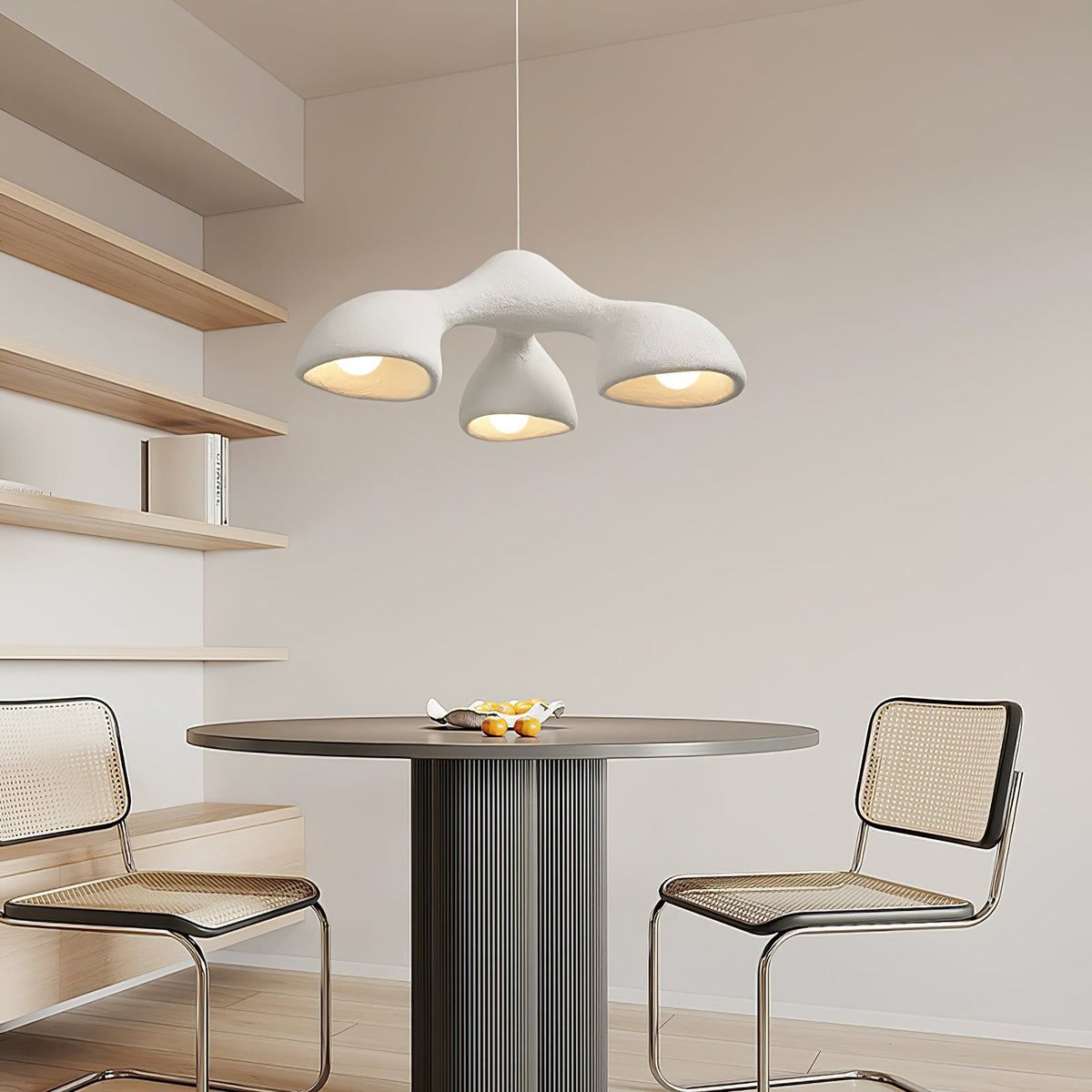 Three-arm Clérachic pendant seen from below, hung over a round table with cane chairs, with pale wood shelving behind.