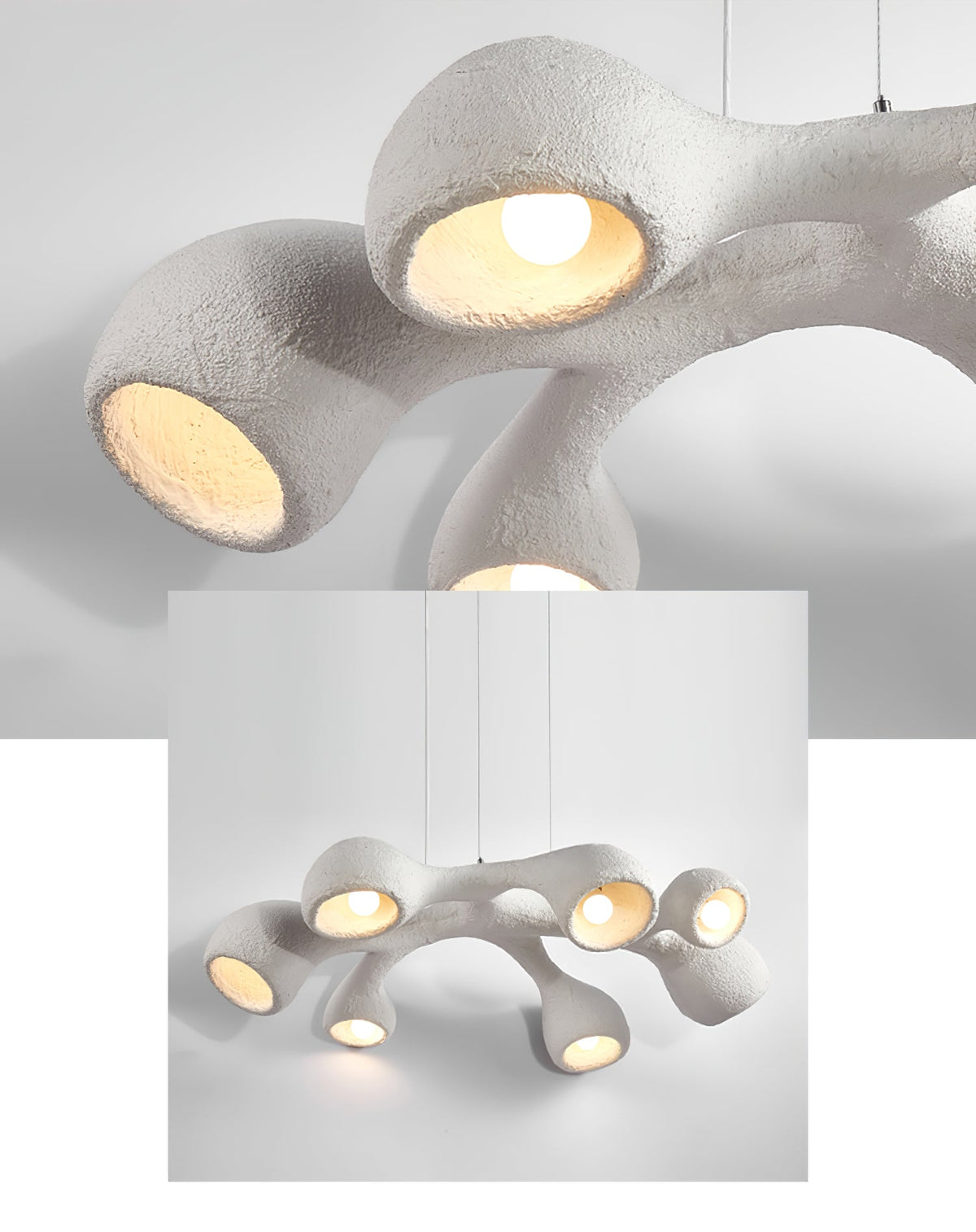 Two views of this Clérachic pendant: a close crop of its lit openings and a smaller full view of the branching white form.