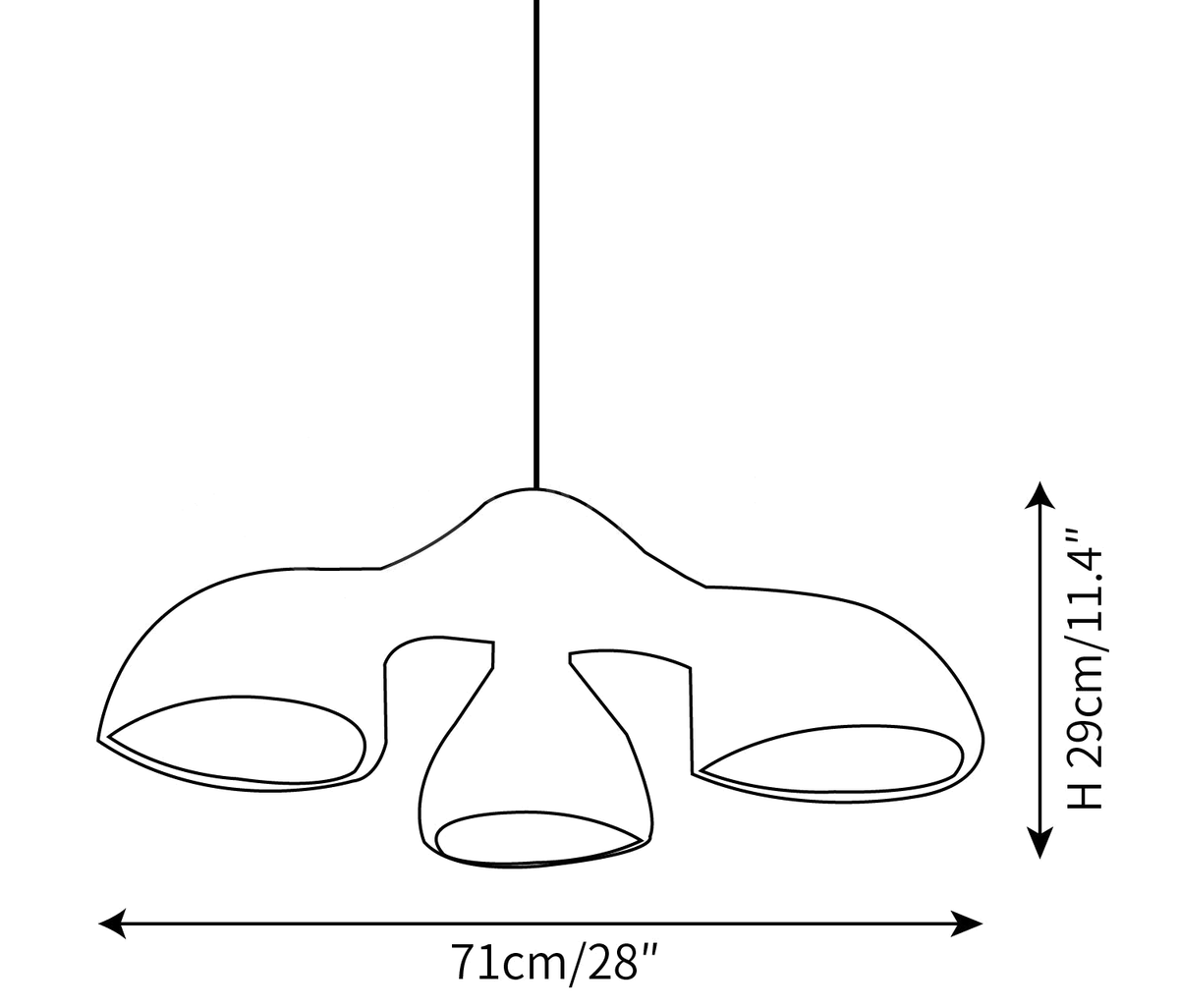 Clérachic pendant light dimension drawing, 1 of 3, every measurement marked in centimetres and inches.