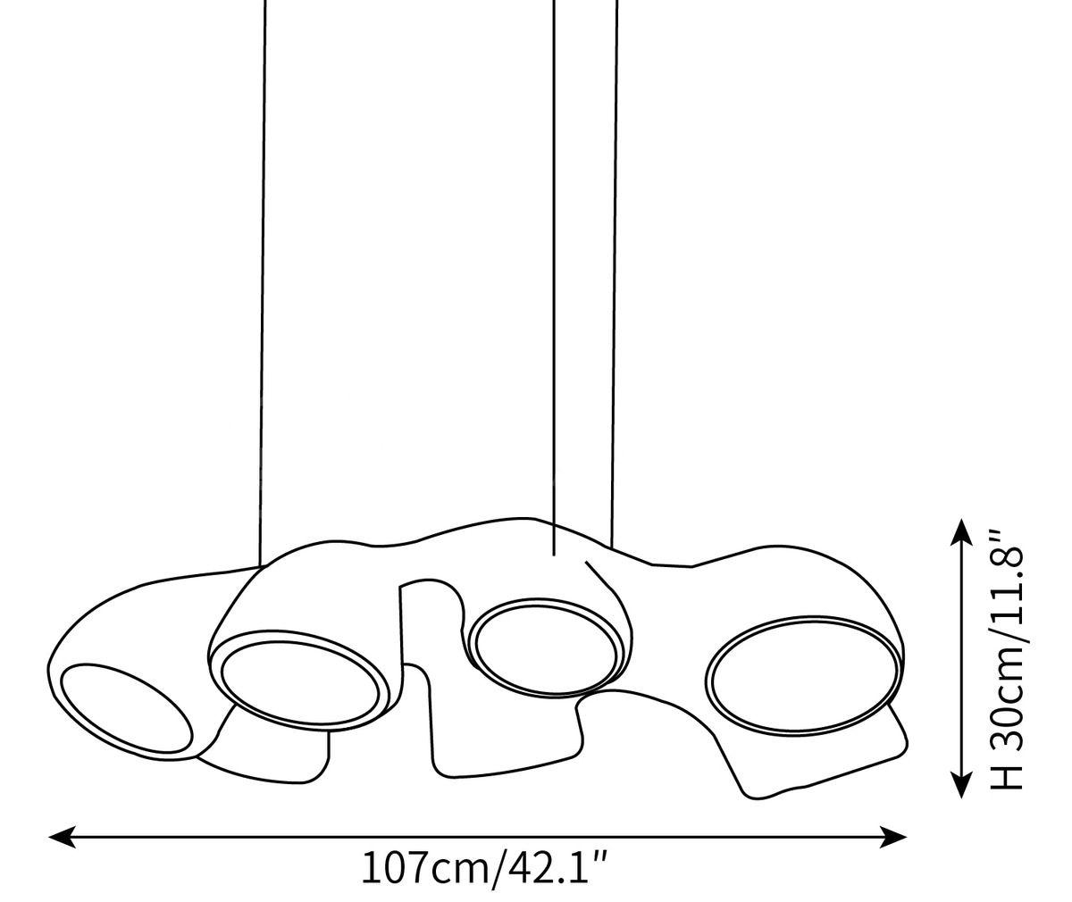 Clérachic pendant light dimension drawing, 2 of 3, every measurement marked in centimetres and inches.
