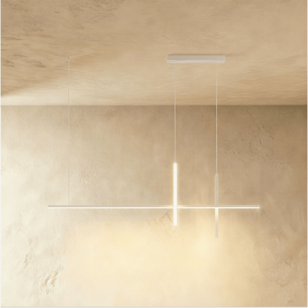 Clérachic pendant light in white, its linear bars crossing at right angles beneath a slim rectangular ceiling canopy.