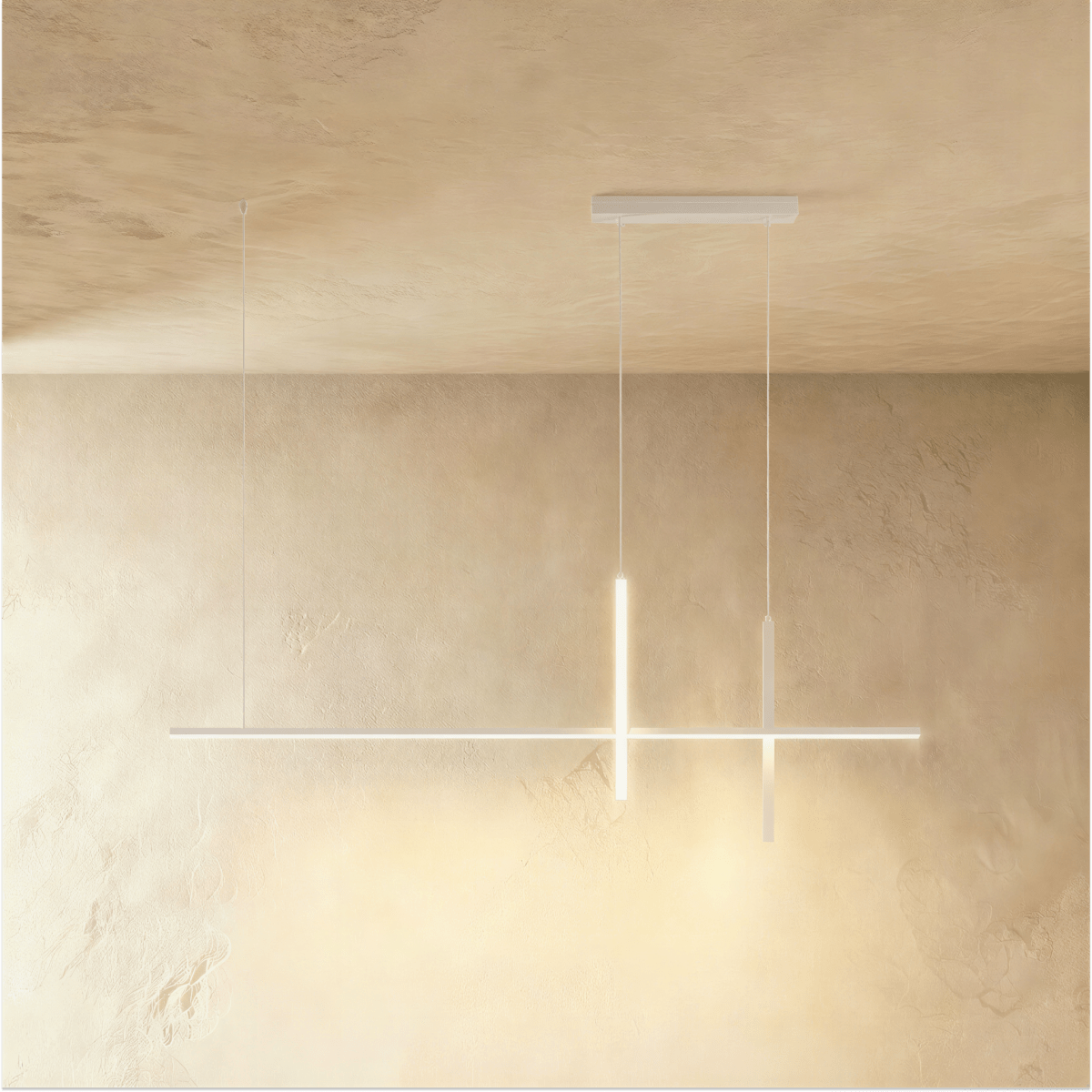 Clérachic pendant light in white, its linear bars crossing at right angles beneath a slim rectangular ceiling canopy.