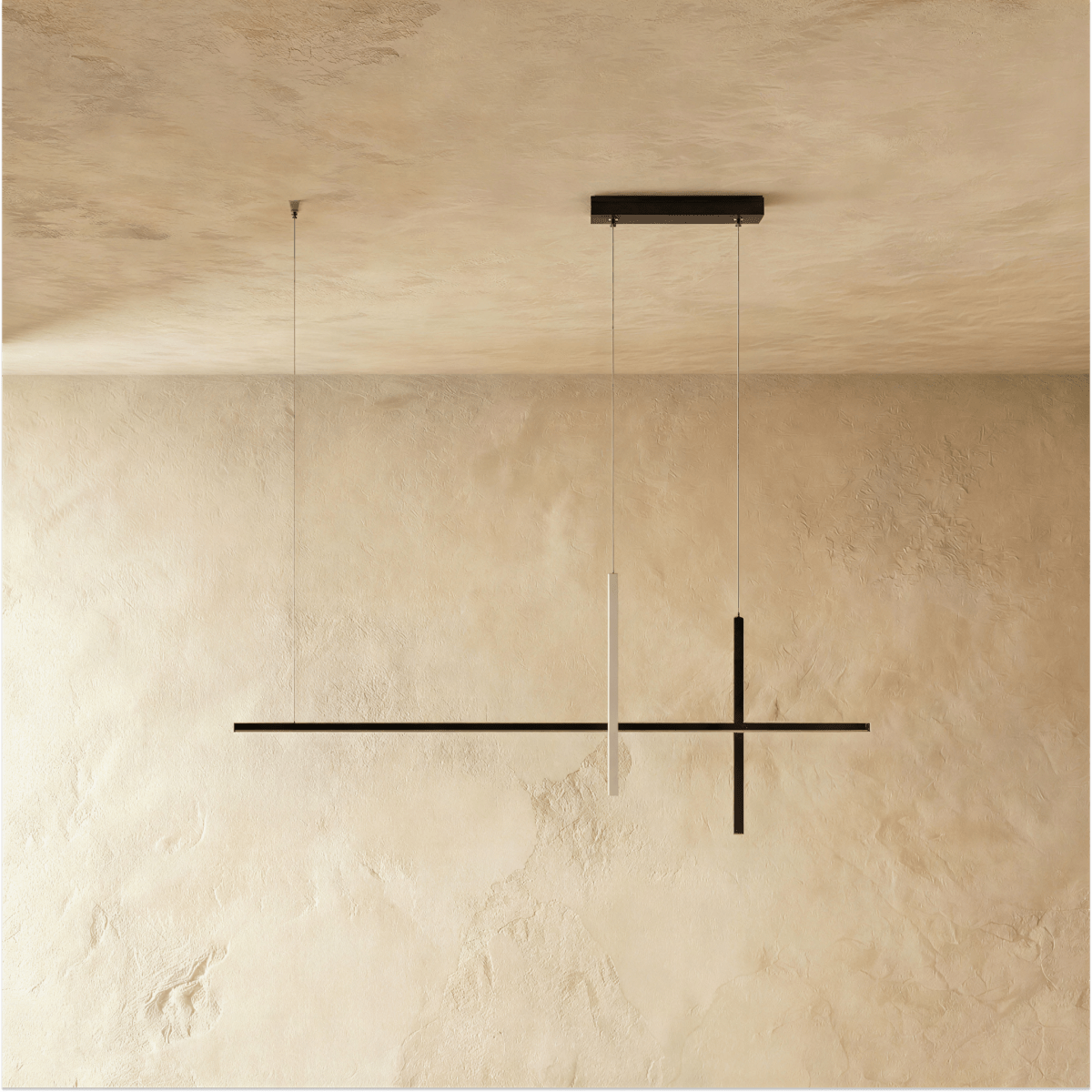 Clérachic pendant light in black, its cross-form linear bars suspended on fine cables from a slim ceiling canopy.