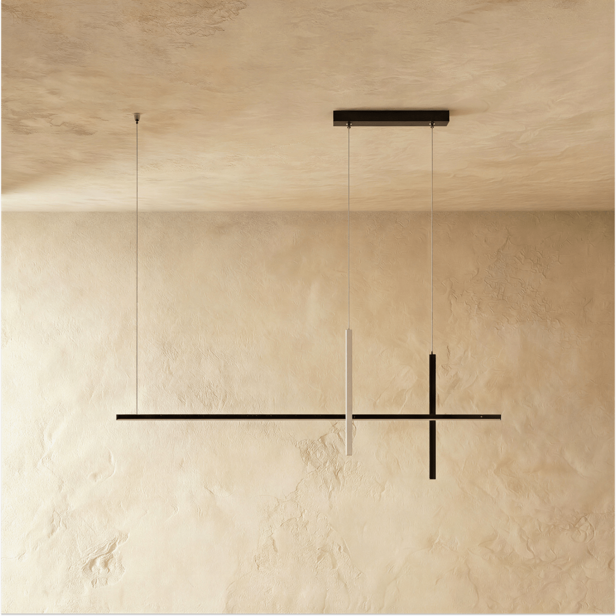 Clérachic pendant light in black, viewed from a slightly wider angle with its linear bars crossing mid-air.