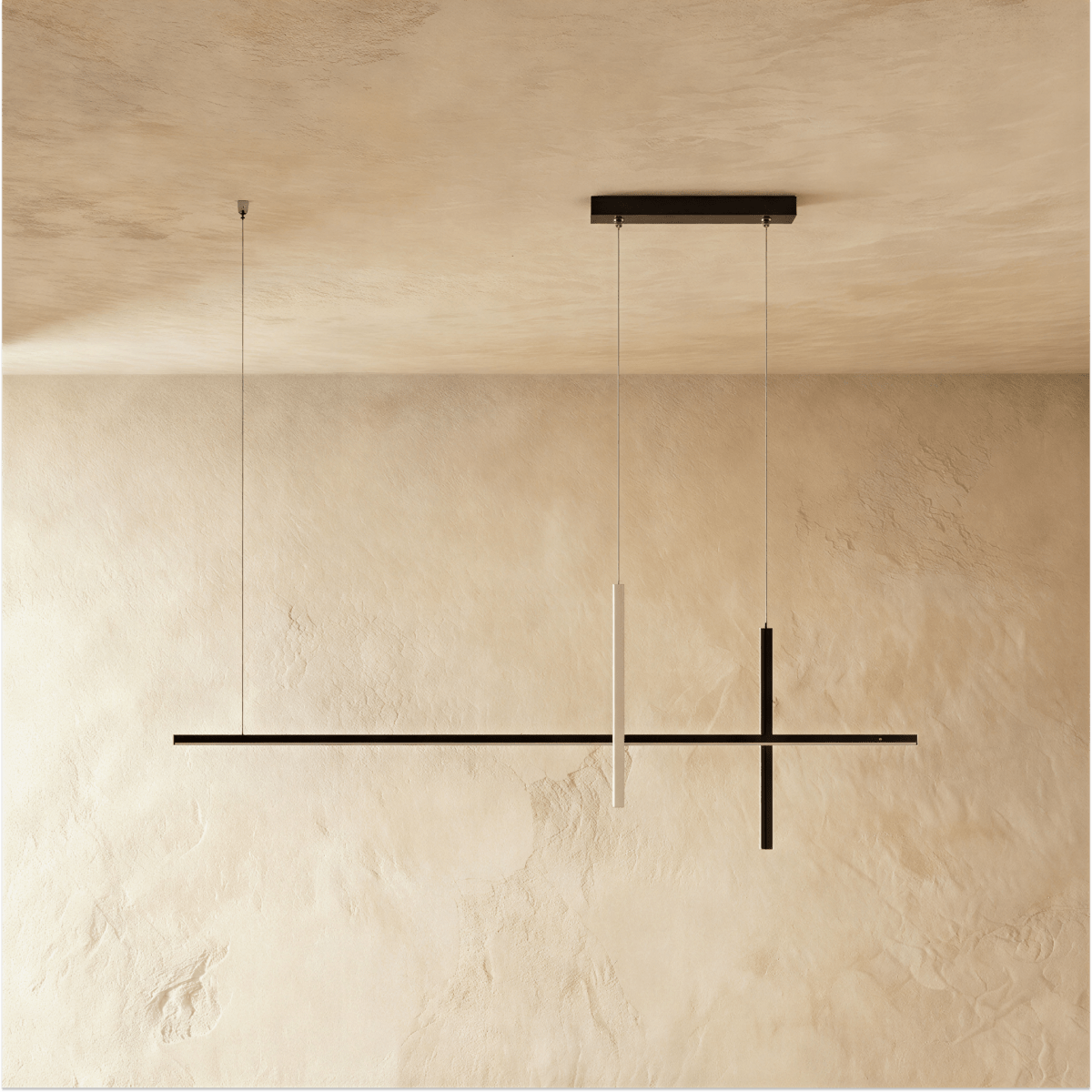Clérachic pendant light in black, its slim crossing bars suspended against a plaster wall and ceiling.