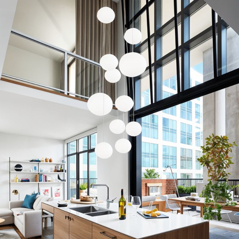 Clérachic cluster of white pebble pendants hung at varied heights in a double-height open-plan kitchen and living room