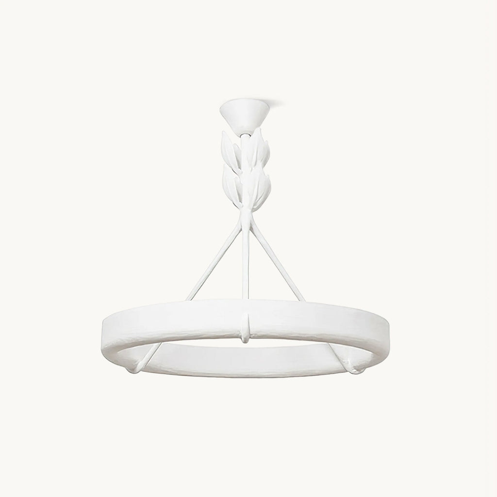 White plaster ring hung from three slim struts and a leaf-wrapped stem, this Clérachic ceiling light on a plain off-white backdrop.