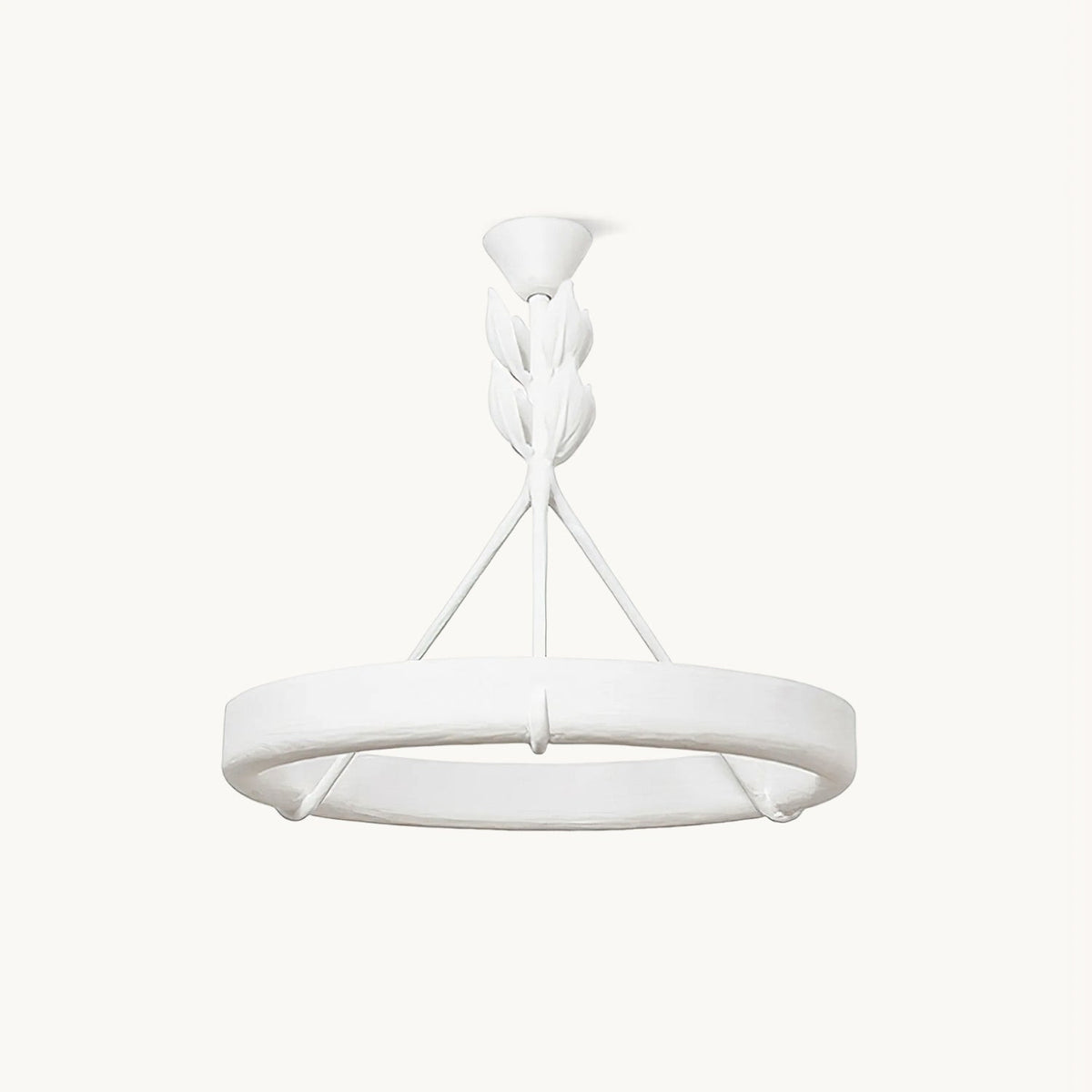 White plaster ring hung from three slim struts and a leaf-wrapped stem, this Clérachic ceiling light on a plain off-white backdrop.