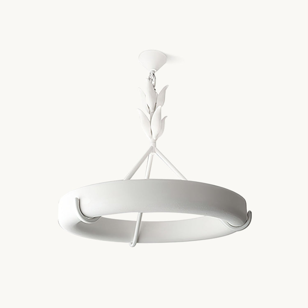 Clérachic ceiling light on a plain white backdrop, its low white plaster ring hung from a leaf stem with no ceiling rose.