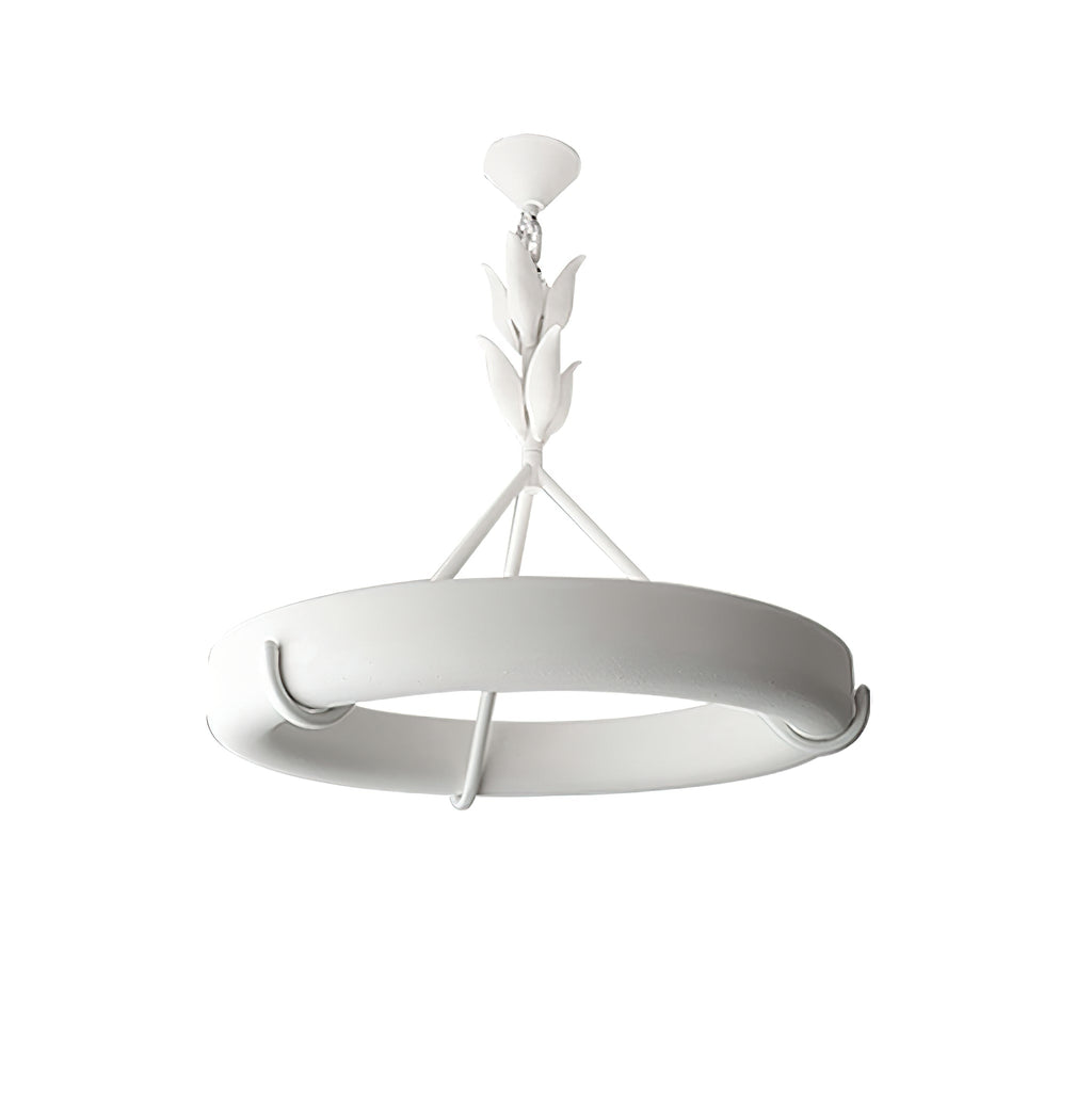 White ring with three slim struts and a leaf stem, this Clérachic ceiling light shown on white from slightly below.