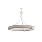 This Clérachic ceiling light on white, with a small round canopy, a leaf-wrapped stem and a plaster ring hung on three struts.