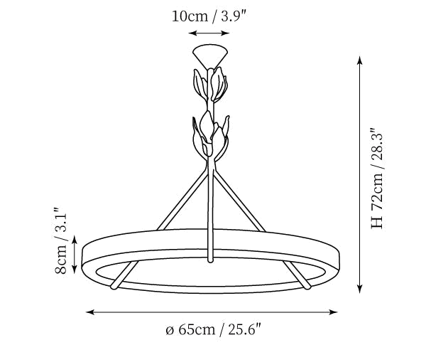 Dimension drawing of this Clérachic ceiling light, with its 65 cm diameter and 72 cm height marked.