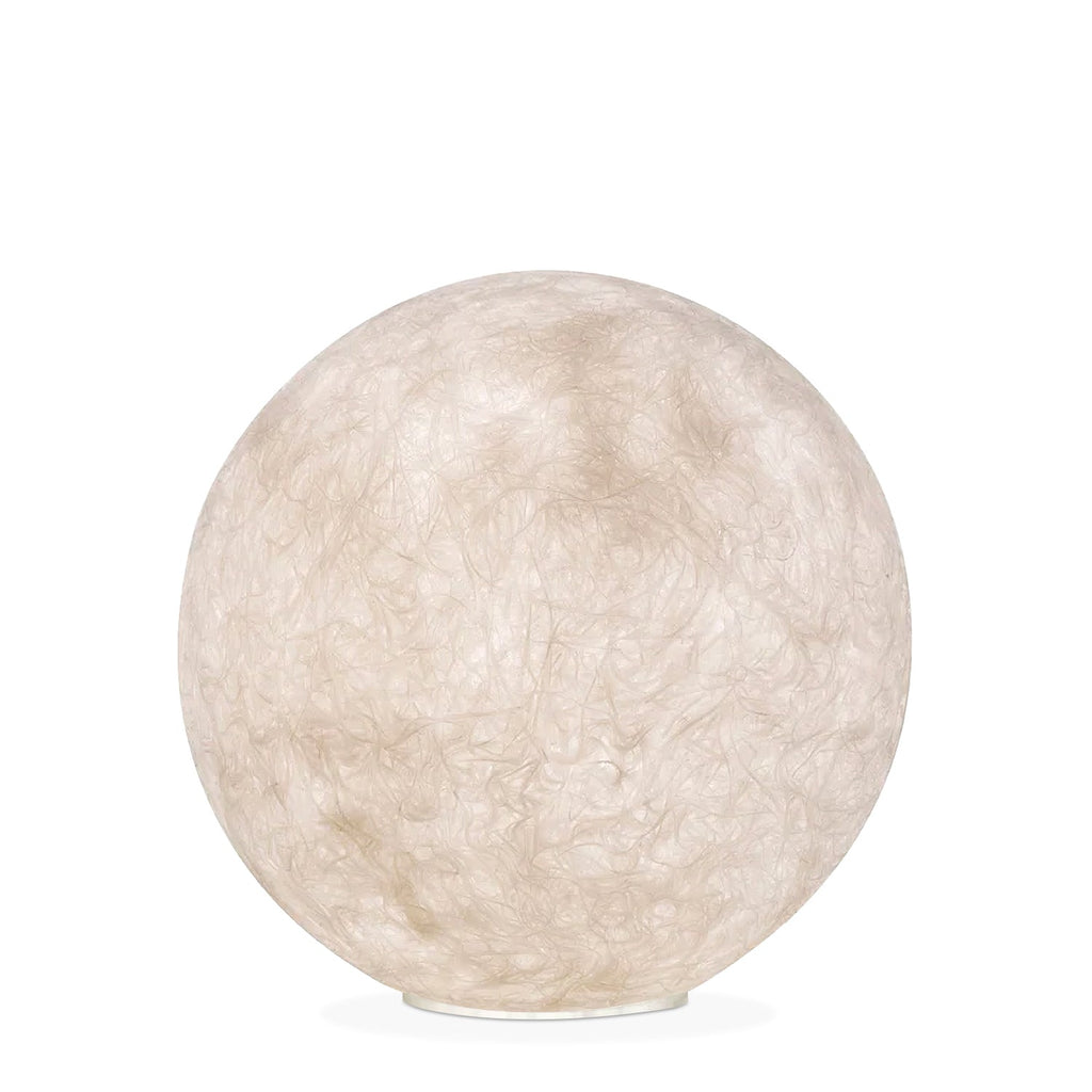 Front view of this Clérachic sphere floor lamp on a white background, its surface a swirl of pale fibres.