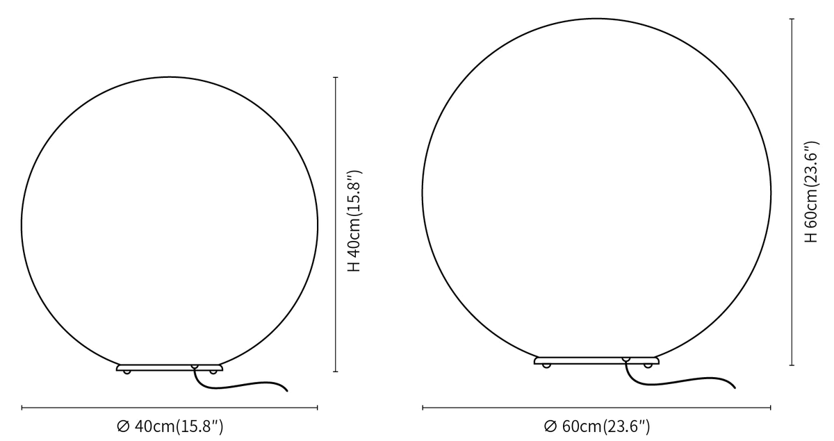 Dimension drawing of this Clérachic sphere lamp in two sizes, with the height and diameter of each marked.
