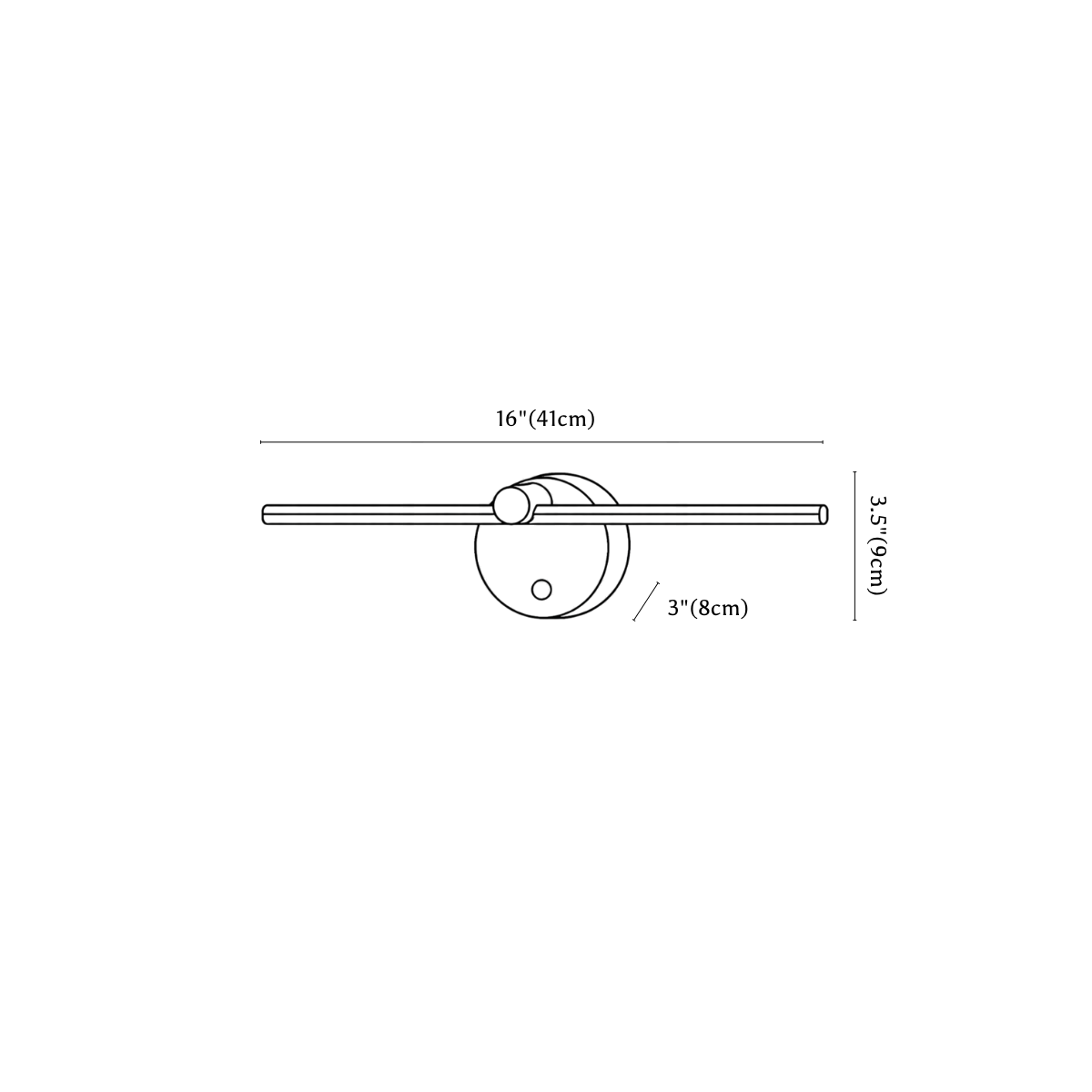 Clérachic wall light dimension drawing, every measurement marked in centimetres and inches.