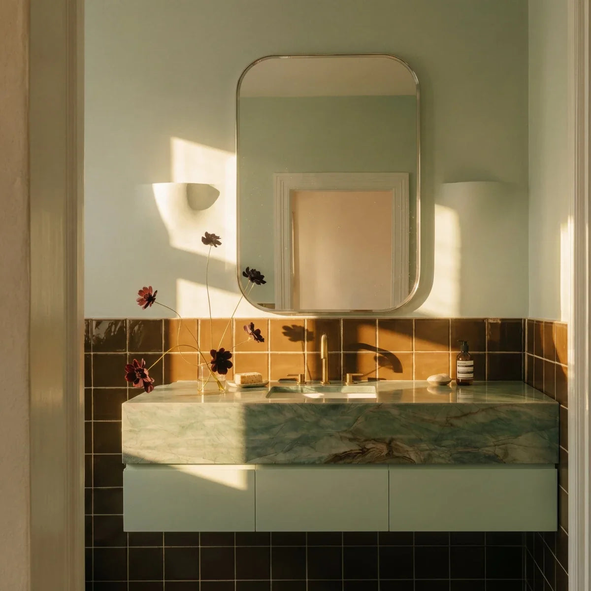 A Clérachic trimless wall light glows beside a mirror in a green-tiled bathroom at golden hour.