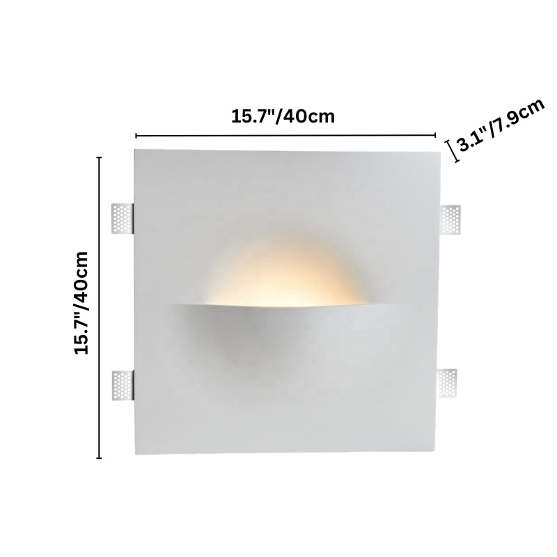 A dimension diagram of the Clérachic trimless wall light labels its 40 cm square profile and 7.9 cm depth.
