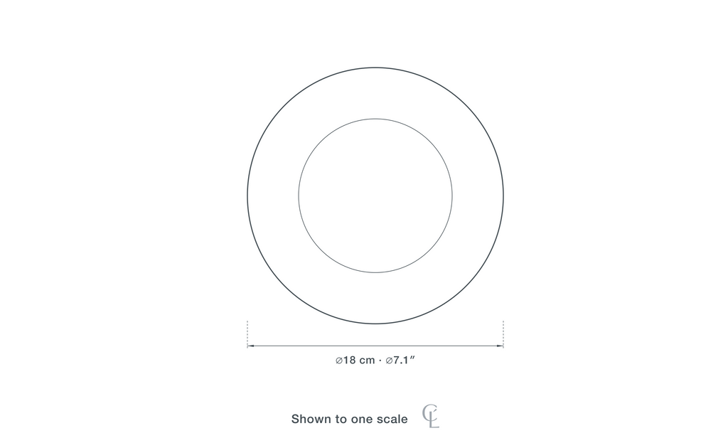 Technical dimension drawing of the Clérachic White Wall Light for Garden, Curved Aluminium Arm, IP65, 18 cm — 18 cm (7.1″) across, drawn to scale.