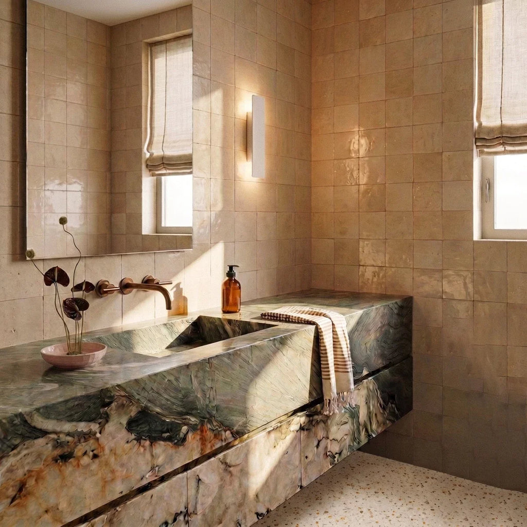 Clérachic white wall light glows warm on a zellige-tiled bathroom wall beside a green marble vanity counter.