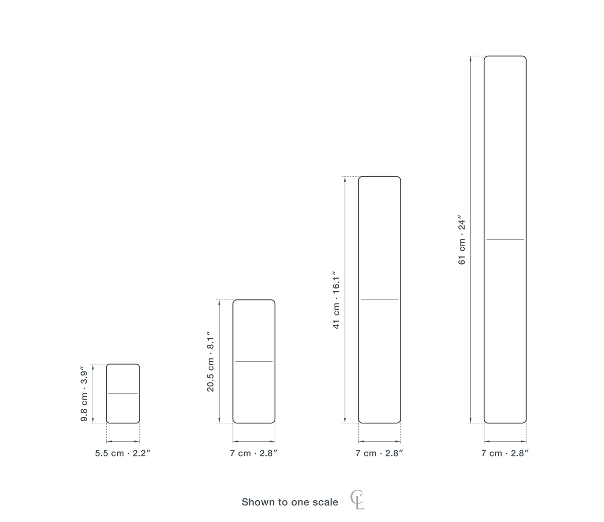Technical dimension drawing of the Clérachic White Wall Light for Hallway, Aluminium and Acrylic, 41 cm in 4 sizes — 5.5 × 9.8 cm (2.2 × 3.9″), 7 × 20.5 cm (2.8 × 8.1″), 7 × 41 cm (2.8 × 16.1″), 7 × 61 cm (2.8 × 24″), drawn to one scale.